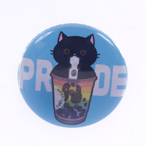 Pride Button with Cat and Bubble Tea