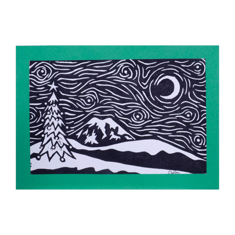 Christmas Mount Rainier Block Print Card
