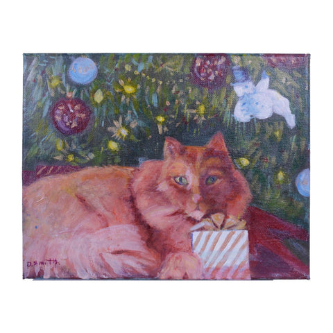 Old Timey Christmas Cat Under the Tree - original painting