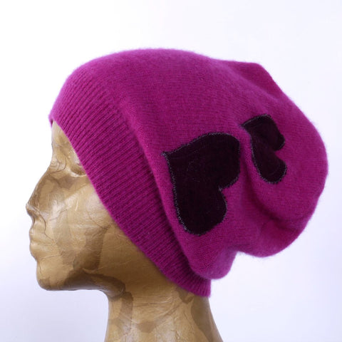 Recycled Cashmere Hat - Pink with Hearts