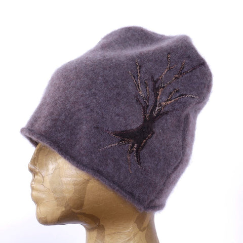 Recycled Cashmere Hat - Taupe with Tree