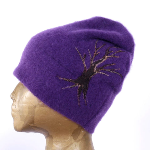 Recycled Cashmere Hat - Purple with Tree