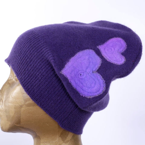 Recycled Cashmere Hat - Purple with Hearts
