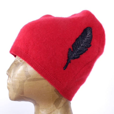 Recycled Cashmere Hat - Red with Crow Feather