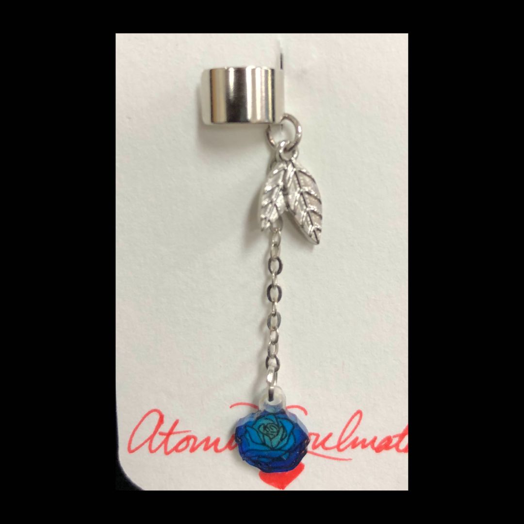 Blue Rose with Silver Leaf Ear Cuff