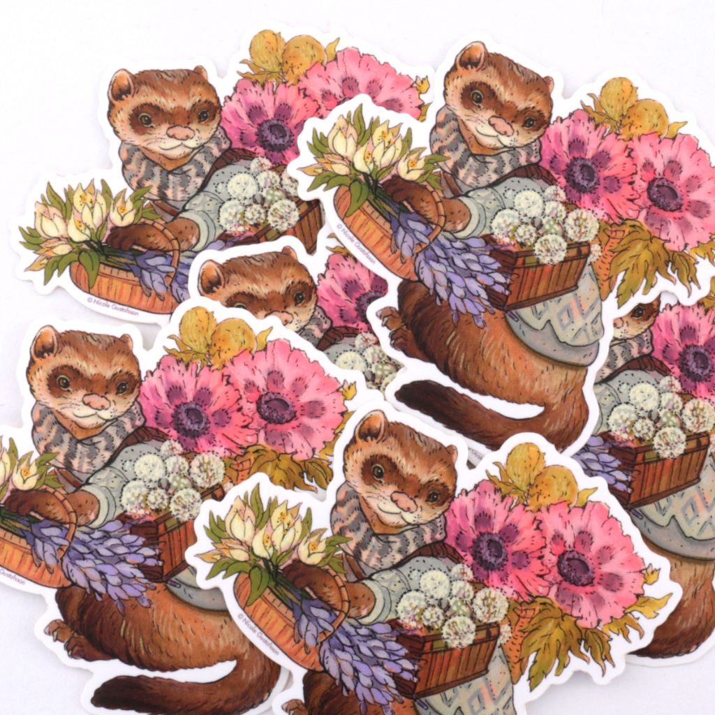 Ferret with Basket of Flowers Sticker