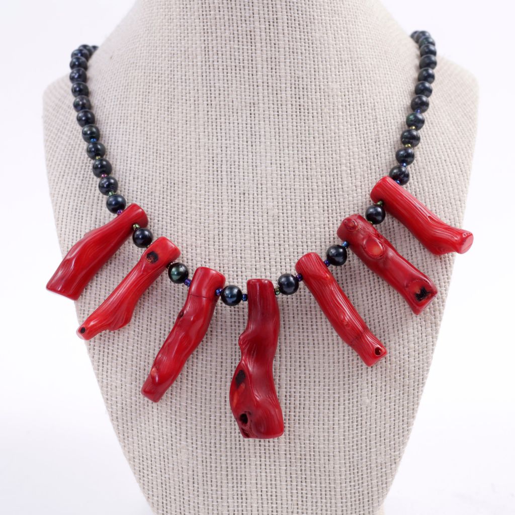 Black Pearl and Coral Necklace