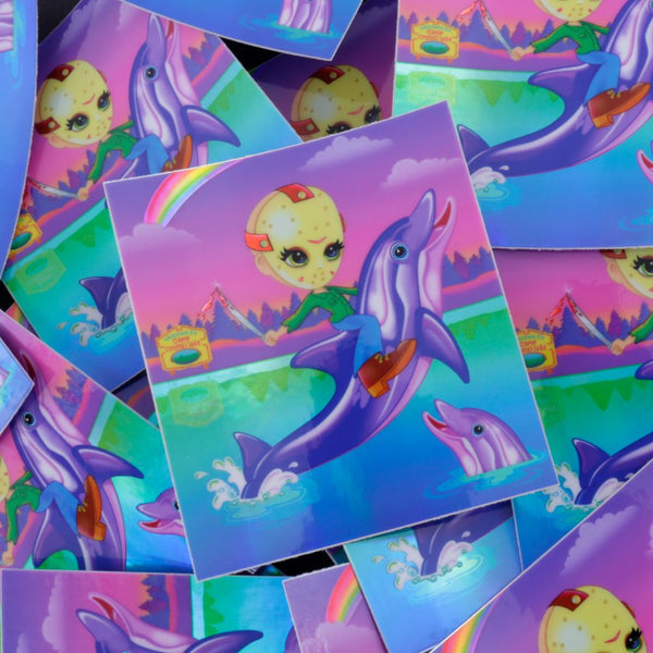 Neon 90's Horror Dolphins - shiny holographic sticker!