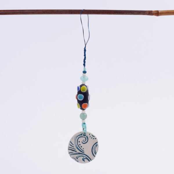Blue Swirl Porcelain Charm w Glass Bead Goddess Bauble Hanging