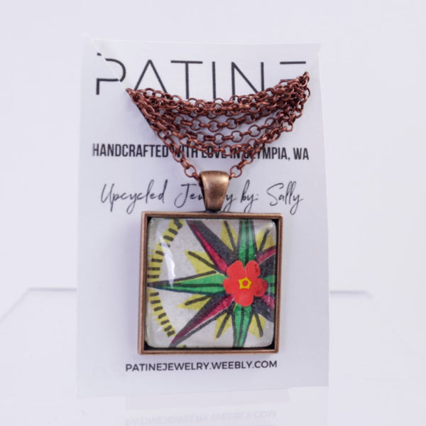 Colorful Paper Art Flower set in Copper Mount Pendant Necklace
