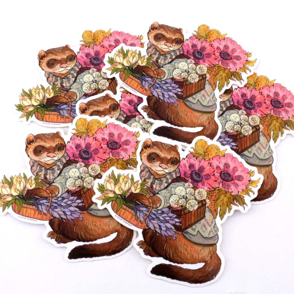 Ferret with Basket of Flowers Sticker