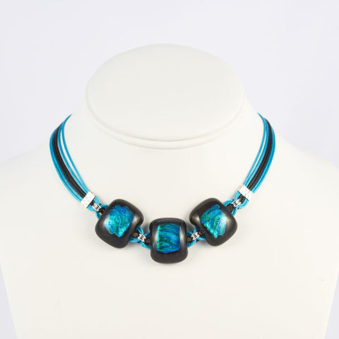 Black & Blue Dichroic Glass with Sterling Silver Necklace