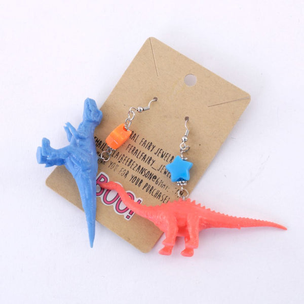 Novelty Toy Dinosaur Earrings - Blue & Pink