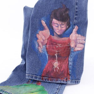 Upcycled Blue Jeans with Hand Painted Legs size 18