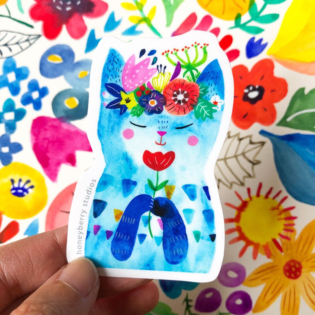 Blue Flower Kitty Vinyl Sticker