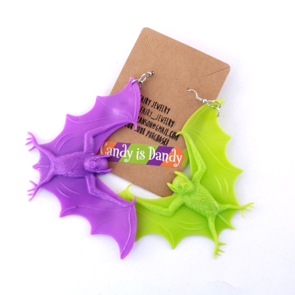 Purple & Green Bats - Novelty Toy Earrings