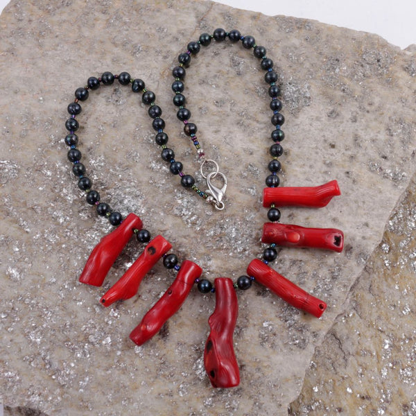 Black Pearl and Coral Necklace