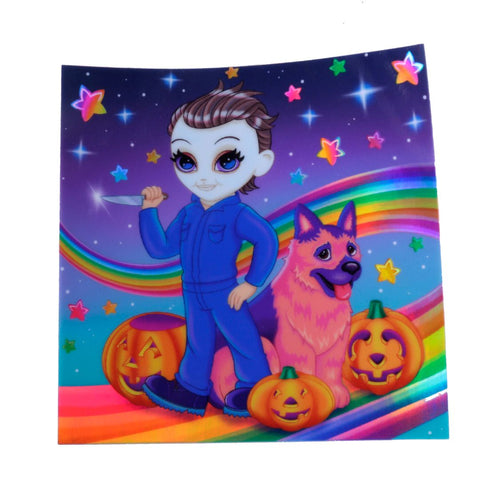 Neon 90's Michael Myers with dog- shiny holographic sticker