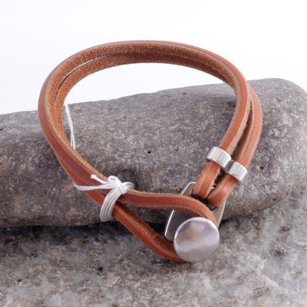 Natural Double Strand Leather Bracelet with Button