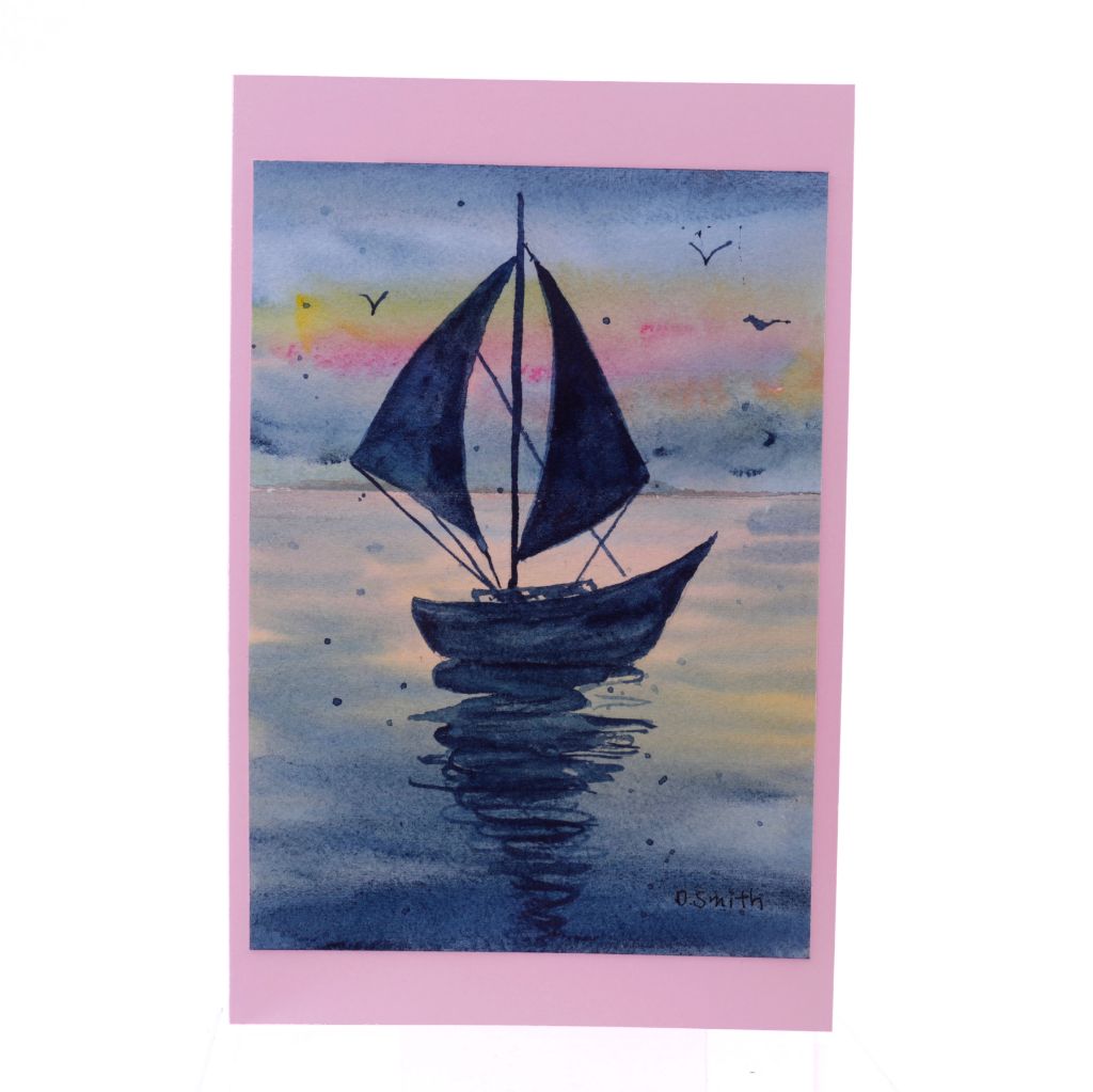 Sail by Rainbow Sunset Original Watercolor Greeting Card