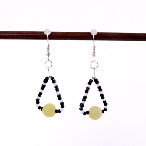 Black & White Beaded Triangle Earrings with Green Focus Bead