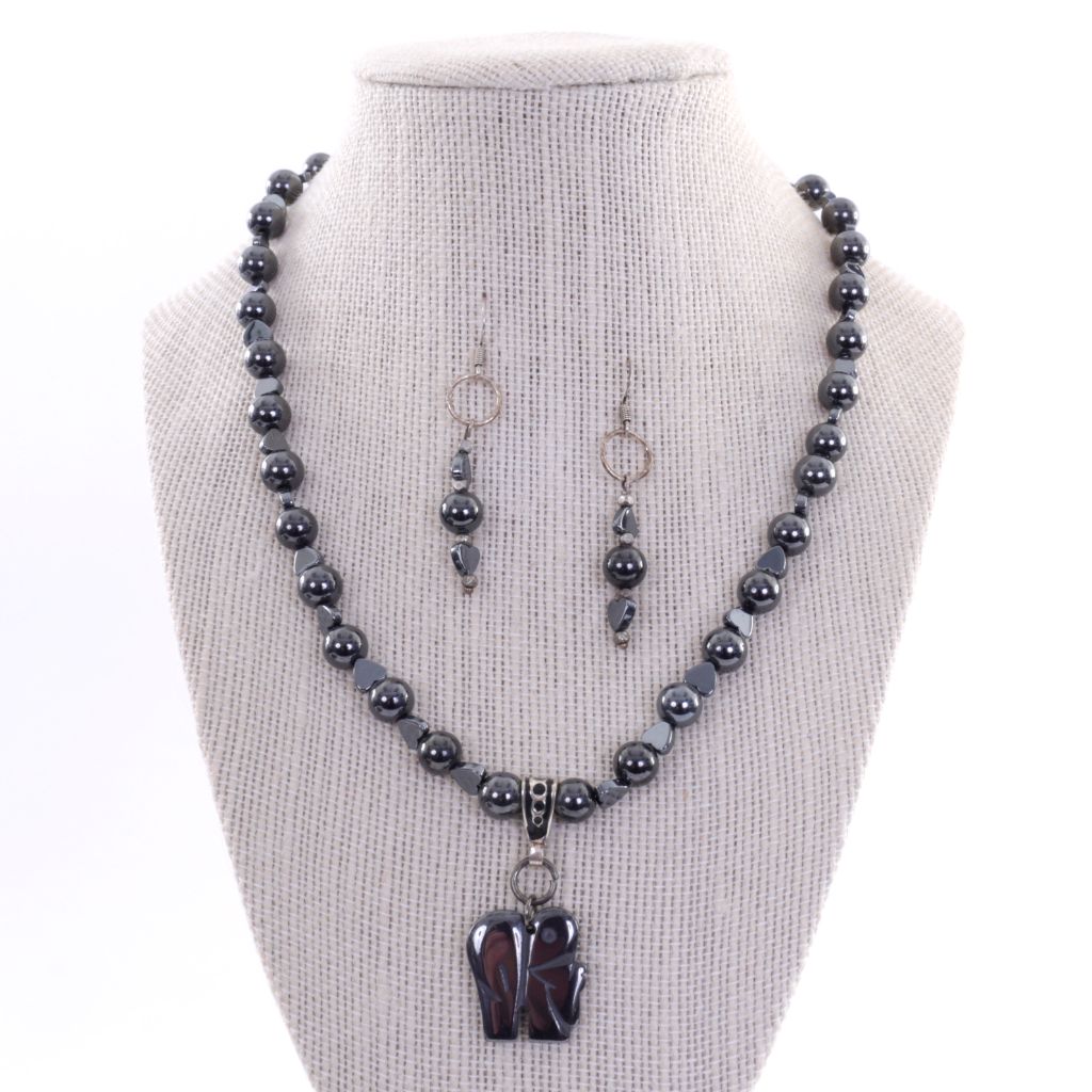 Hematite Necklace and Earring Set with Elephant