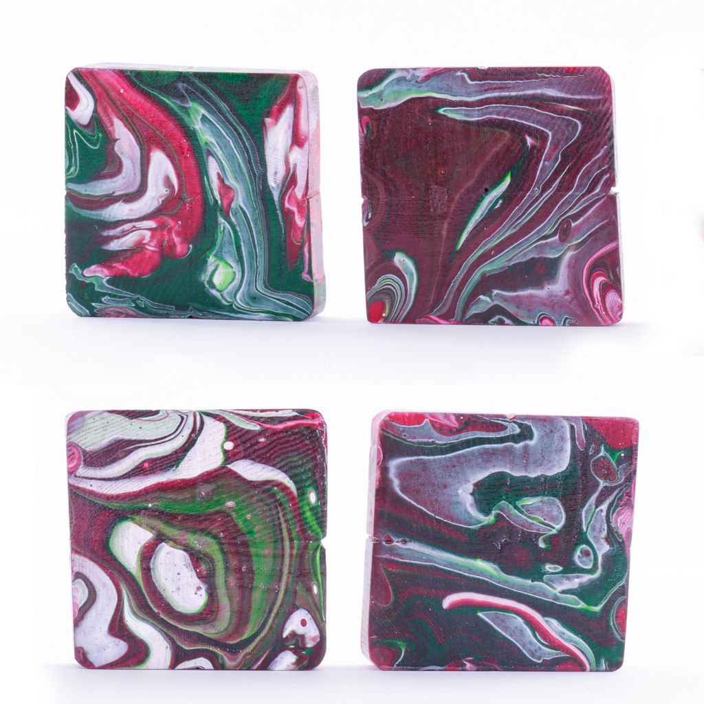 Acrylic Pour coaster from recycled fence posts (set of 4) 2"x2" (green, red, white)