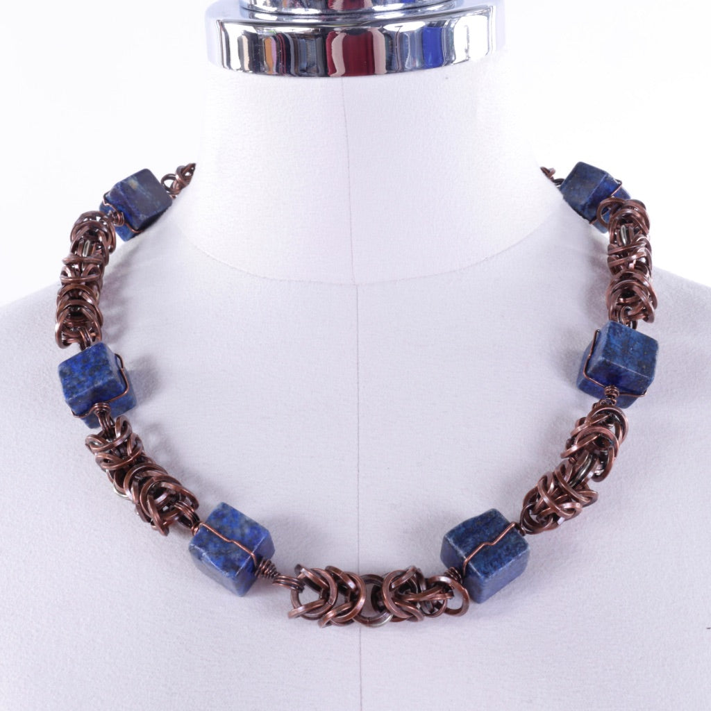 Byzantine Weave Wire Necklace with Lapis Stones
