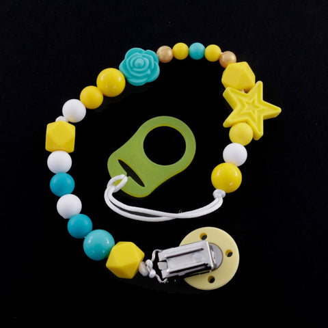 Beaded Silicone Pacifier Holder Yellow and Blue