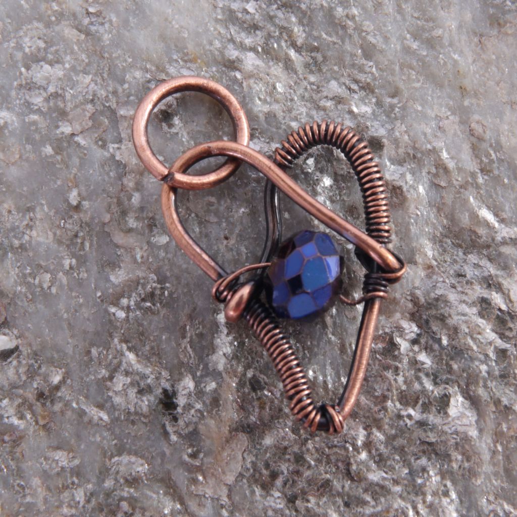 Oxidized Copper and Blue Bead Heart Pendant