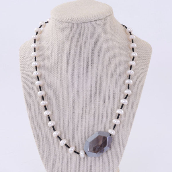 Pearl Necklace with Large Plum Faceted Glass Bead