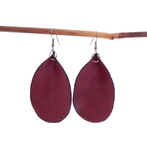 Burgundy Leather Rounded Leaf Earrings