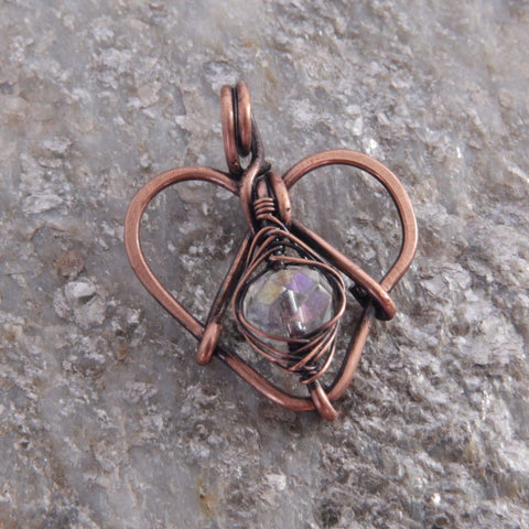 Oxidized Copper and Clear Bead Heart Pendant