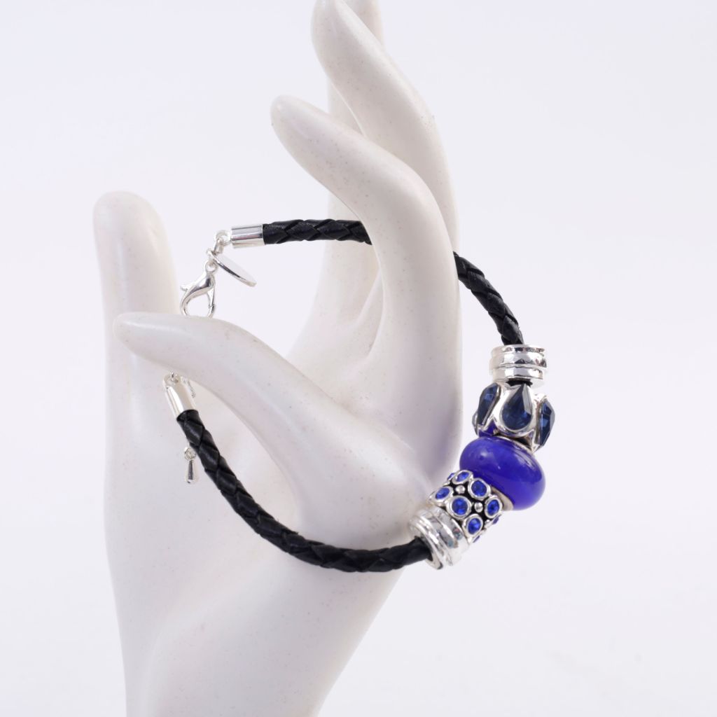 Blue Lampworked Glass Silver Braided Leather Bracelet