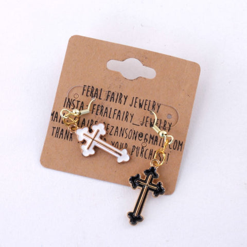 Black & White Cross Earrings with Gold Accents
