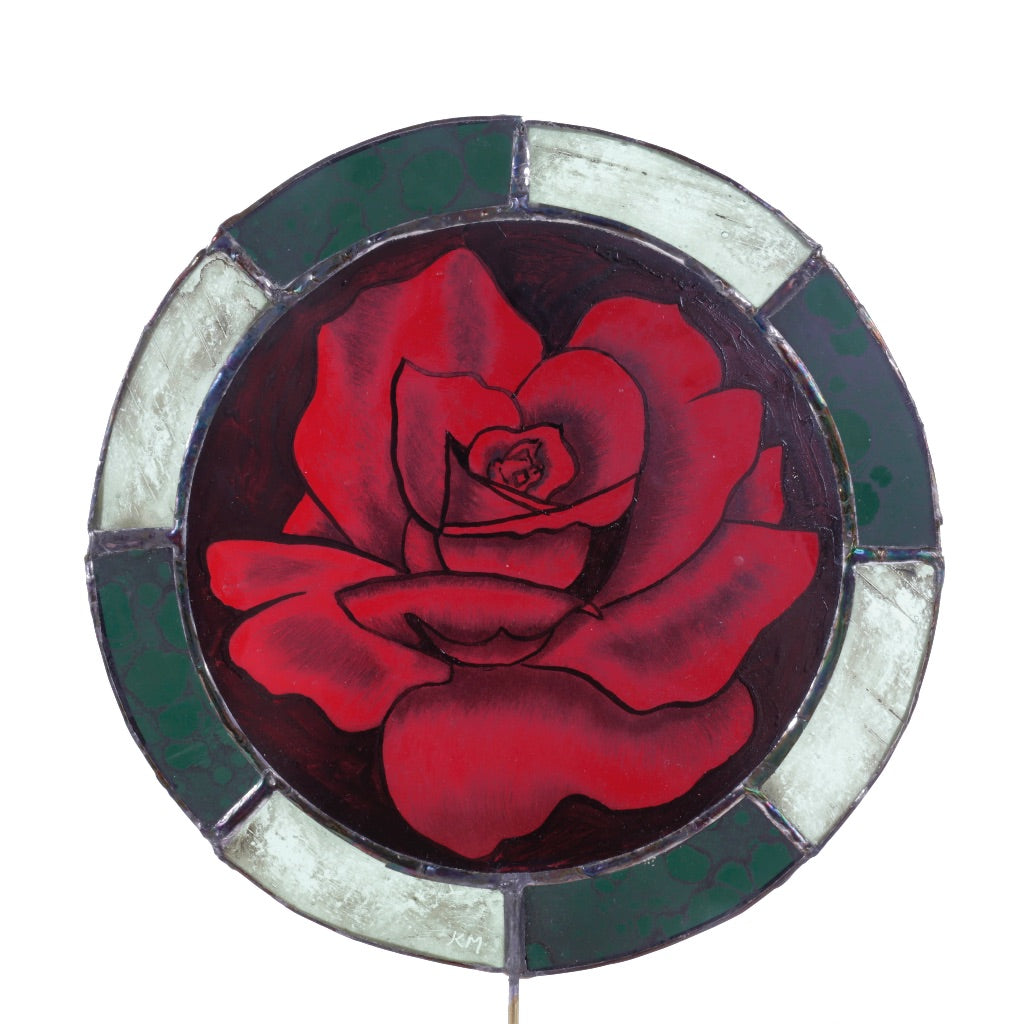 Deep Red Rose Leaded Glass on Wood Stand