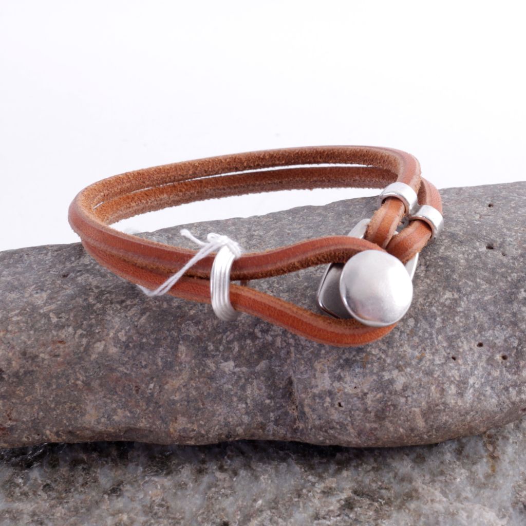 Natural Double Strand Leather Bracelet with Button