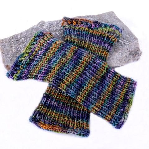 Hand Knit Wrist Warmers - purples/greens/ocher