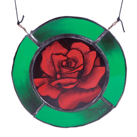 Green & Red Rose - Stained Glass Window Hanging