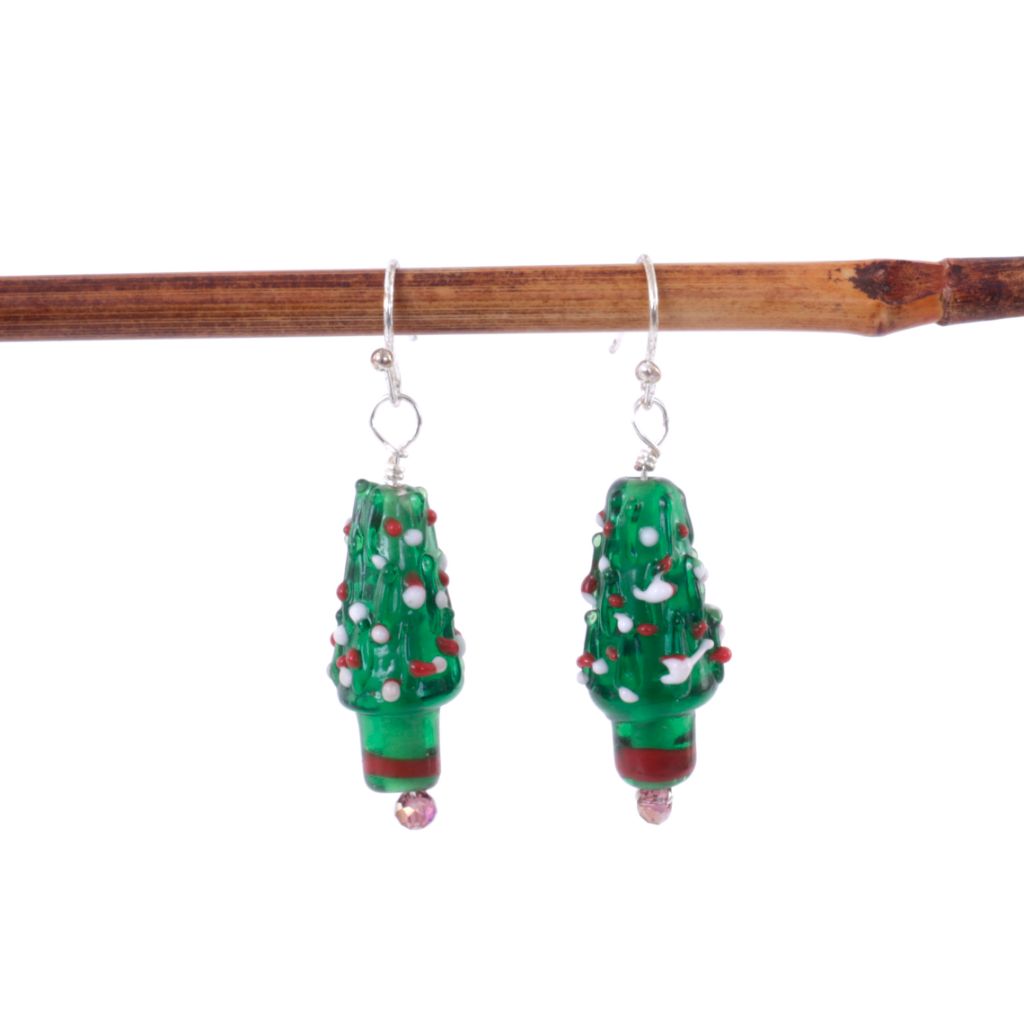 Green Christmas Tree Holiday Earrings with Lampwork Beads