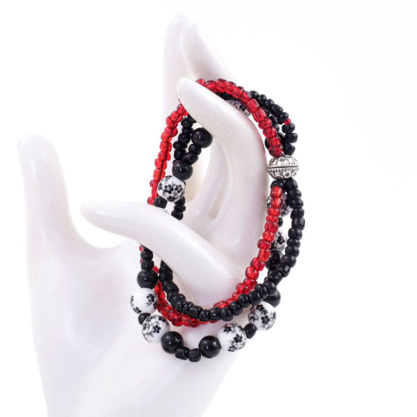 Black, White & Red 3 Strand Beaded Bracelet