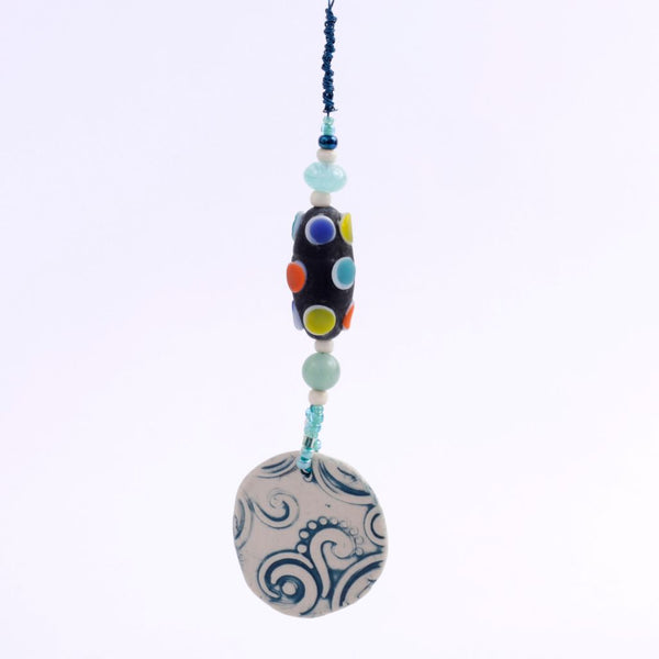 Blue Swirl Porcelain Charm w Glass Bead Goddess Bauble Hanging