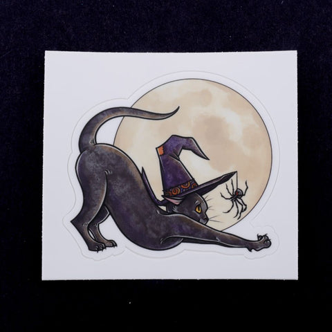 Cute Halloween Witch Hat Kitty with Spider Friend in Front of the Full Moon Sticker