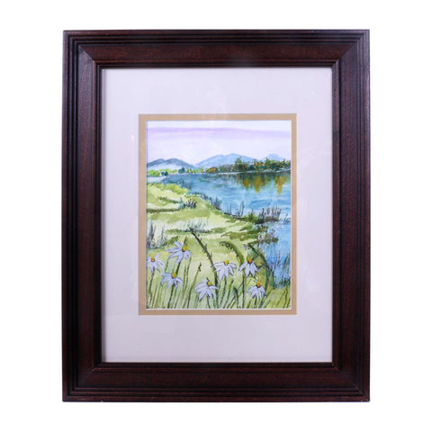 Daisies with Lakeview - Framed Watercolor