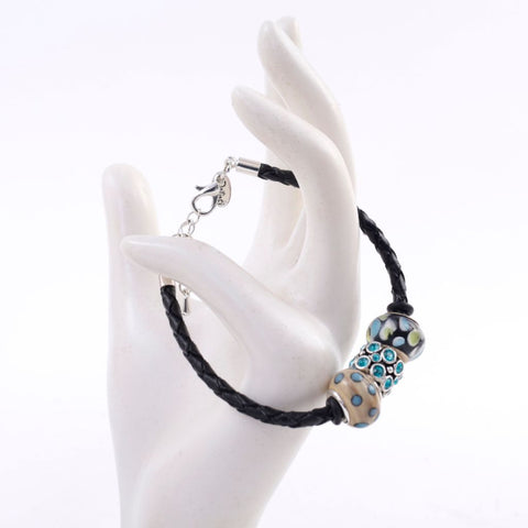 Multi-color Lampworked Glass Silver Braided Leather Bracelet