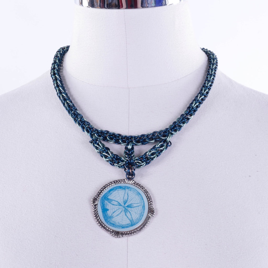 Byzantine Weave Wire Necklace with Sand Dollar Pendant