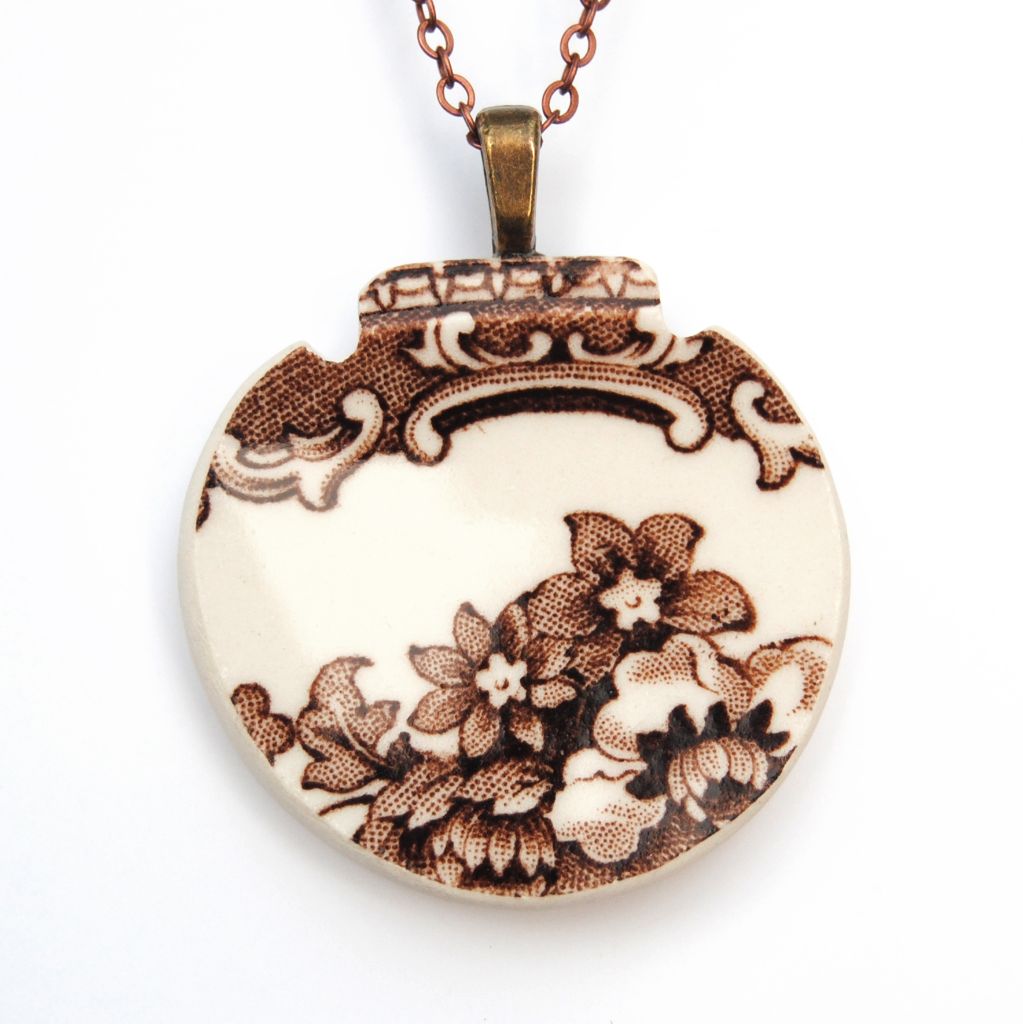 Brown Floral Upcycled Ceramic Necklace