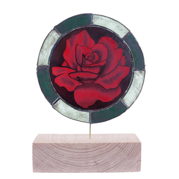 Deep Red Rose Leaded Glass on Wood Stand