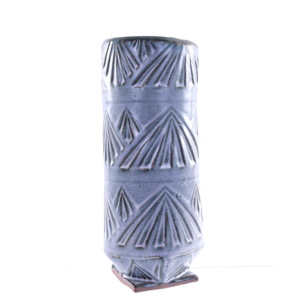 Tall Blue Ceramic Vase with Embossed Pattern