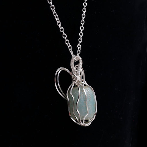 Wire Wrapped Agate Pendant w Silver Necklace
